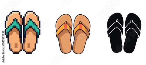 Pixelated and cartoon flip-flops on white background