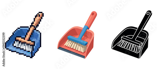 Pixelated and silhouette dustpan brush variations: retro to modern designs