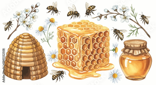 Watercolor illustration of honey related elements with bees and flowers