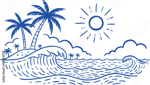 Blue Hand Drawn Tropical Island Scene with Palm Trees, Ocean Waves and Sun