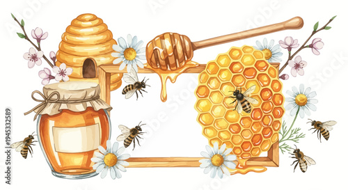 Watercolor illustration of honey related elements with honeybees and flowers