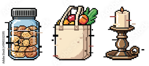 Pixel art still life: jar of cookies, grocery bag with vegetables, candle on stand. Not editable stroke