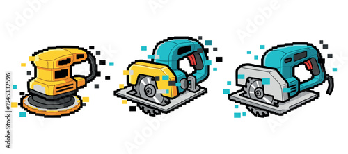 Pixel art tools: vibrant depiction of orbital sander, circular saw, and jigsaw. Not editable stroke