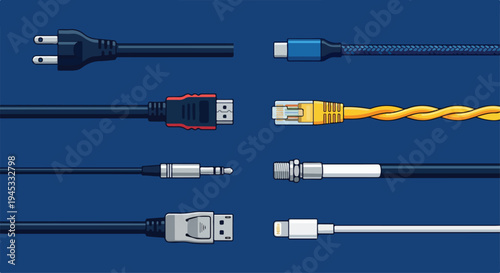 Various types of cables and connectors including USB, HDMI, and power cords laid out on a blue background with a mix of colors and textures