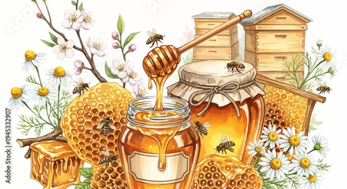 Watercolor illustration of honey with honeycomb and bees on white background