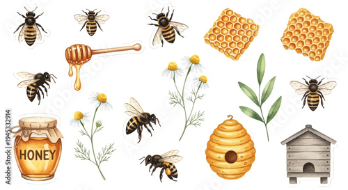 Watercolor illustration of honeybees honey flowers and beehives on white