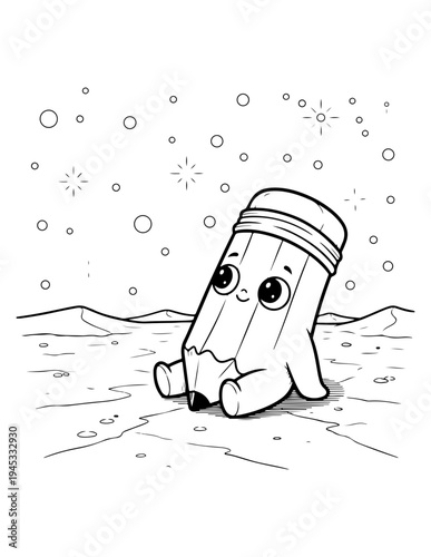 Vector illustration of smiling pencil character in desert