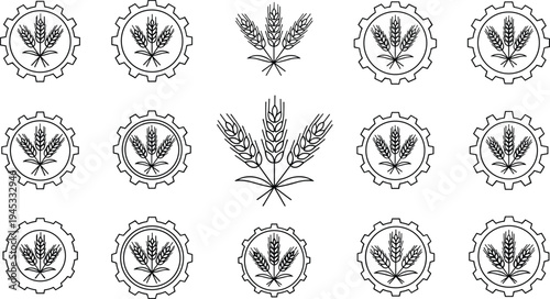 Wheat grain agriculture emblem set with farming badges and wheat stalk icons in line art style seamless pattern for organic food, bakery, harvest and farm branding design