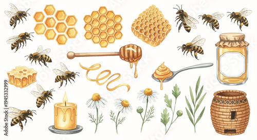 Watercolor illustration of honeybees honeycomb candle and honey jar