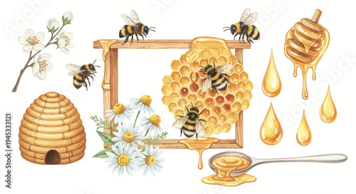 Watercolor illustration of honeybees honeycomb flowers and honey isolated