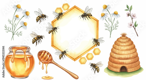 Watercolor illustration of honeybees honeycomb flowers and honey jar