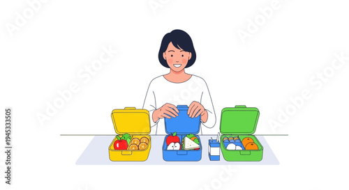 A cheerful Asian woman packing colorful lunch boxes with fresh healthy snacks for school or work in a modern minimalist flat vector style