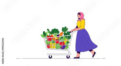 Woman in colorful outfit pushing shopping cart filled with fresh vegetables and fruits in modern minimalist flat design style for healthy eating and grocery shopping concept