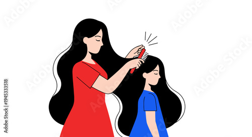 Woman combing little girl's long black hair with a red comb in a cartoon flat design style for kids and parenting concepts