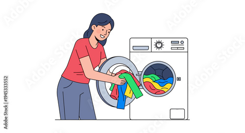 Woman loading colorful laundry into a washing machine in a modern minimalist flat vector style with a focus on household chores and cleanliness in a domestic setting with a white background
