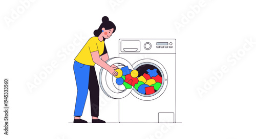 Woman in yellow shirt and blue pants putting colorful laundry into a modern front-loading washing machine in a minimalist flat vector style for household chore concepts