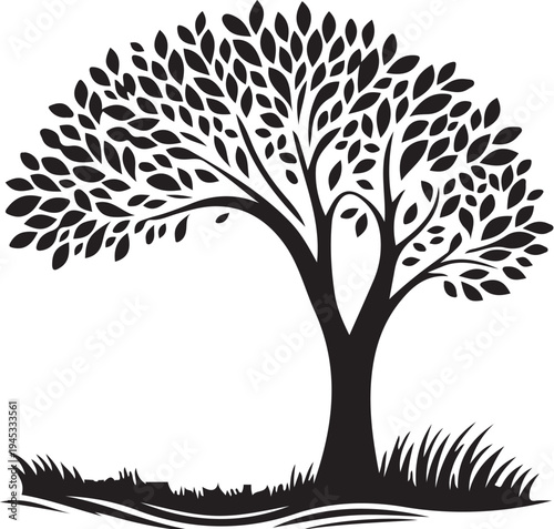 Tree silhouette illustration with lush foliage and grass ground base nature landscape design element garden plant shape environmental symbol ecological concept organic life botanical scenery art