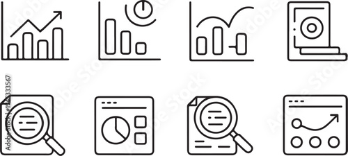 Data analytics and business statistics icons set featuring line art style bar charts pie graphs magnifying glass on documents financial reporting tools growth indicators web browser data visualization