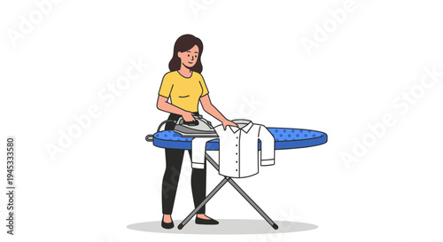 Woman ironing white dress shirt on blue ironing board, modern flat illustration, domestic chores, everyday life, household tasks, cleaning, organization