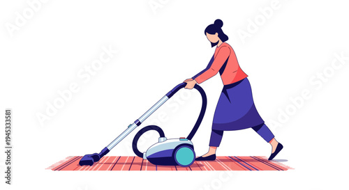 Woman in casual outfit vacuuming living room floor with modern upright vacuum cleaner in minimalist flat design style with bold colors and clean lines, performing household chore.