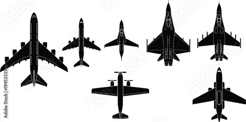 airplane silhouette set, aircraft top view collection, aviation transport icons, jet plane vector shapes, military and passenger aircraft, black aviation silhouettes