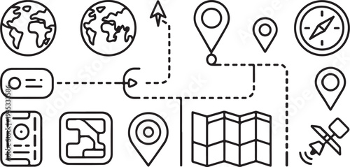 Global navigation and travel mapping icons featuring earth globes location pins compass direction and world map route symbols for logistics tracking adventure planning and geographical positioning