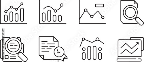 Data analysis and analytics icon set. business report, financial graph, statistic, document, chart, research, information, marketing, technology, web, app icon concept