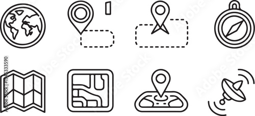 Mapping and navigation line icons set includes globe, location pin, compass, folded map, satellite dish, and various route markers for digital maps and travel applications on transparent background