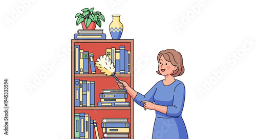 Woman dusting bookshelf with duster in hand, colorful cartoon illustration of domestic cleaning, organization, and maintenance in a cozy home environment