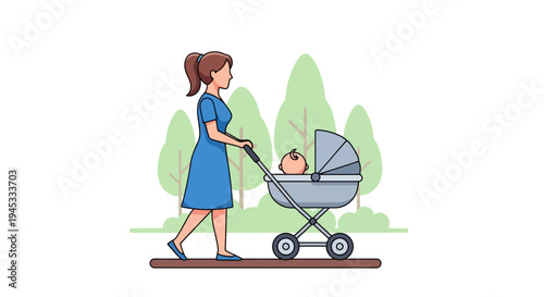 Mother pushing baby stroller outdoors in modern minimalist flat style with brown hair woman wearing blue dress and shoes walking on sidewalk with green trees in background