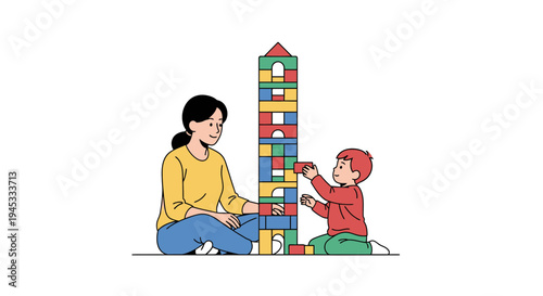 A woman and a young boy sitting on the floor playing with colorful wooden blocks, building a tall tower, in a modern minimalist line art style, in a domestic setting, with a focus on learnin