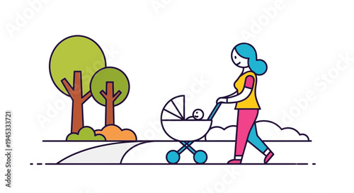 Woman pushing baby stroller on sidewalk in modern minimalistic line art style on a sunny day outdoors in a park