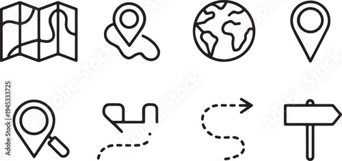 Various navigation and travel icons presented in a clean outline style, featuring maps, location markers, globe, route planning, and directional signs for user interface elements