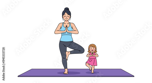 Woman and little girl practicing yoga together on purple mat in tree pose, minimalistic flat illustration, fitness and wellness concept for family and children