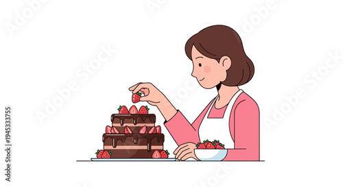 Cartoon woman decorating a chocolate layer cake with strawberries in a modern flat illustration style for baking and cooking themes in a kitchen context with food preparation