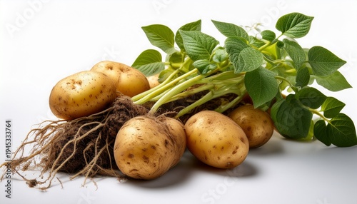 freshly harvested potato plant with tubers and visible root system isolated on white background