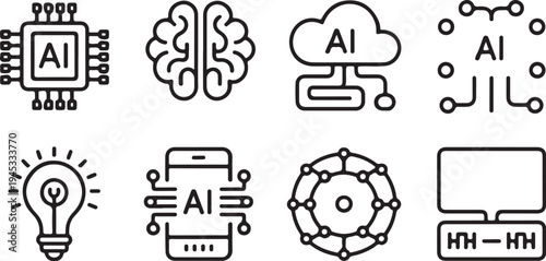 Future innovation symbols with ai brain cloud and connected world icons for biotechnology and advanced computing presentations and marketing materials for tech startups and corporate companies