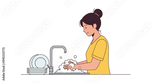 Woman washing hands and dishes in kitchen sink with soap and water in modern minimalist flat design style with simple lines and solid colors, household chore and cleanliness concept