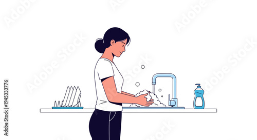 Woman washing hands under running tap with soap bubbles, modern minimalistic flat design, hygiene and cleanliness concept in kitchen setting with dish rack and soap dispenser