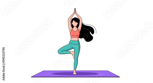 Woman performing Tree Pose or Vrksasana yoga exercise on purple mat in minimalist cartoon style for wellness and balance concept with long black hair and colorful outfit