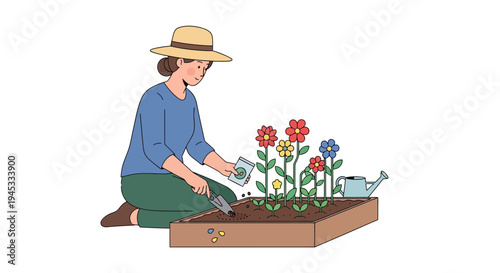 Woman kneeling watering colorful flowers in a garden box with watering can, simple flat cartoon style, gardening concept, spring and summer seasonal activity.