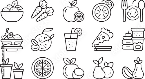 Healthy food line icon set features salad bowl, carrots, apple with orange slice, orange, dining set, dessert, fruit, juice, pizza, stacked items, potted plants, pears, and bananas on transparent