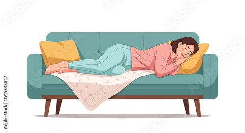 Woman relaxing on sofa, sleeping peacefully on couch with pillows and blanket, modern cartoon style, home interior scene, leisure activity, rest and relaxation concept
