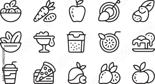 Healthy food line icon set features salad bowl, carrots, apple, nuts, berries, lettuce, sauce, spices, kiwi, dessert, smoothie, pizza, fruit, and various other ingredients on transparent background