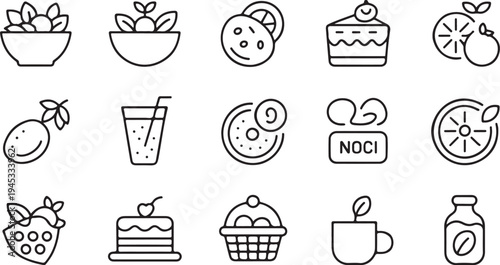 Healthy organic snack and breakfast icons containing fruit bowls yogurt toppings orange segments cake portions and herbal tea for wellness lifestyle and nutrition branding visual communications