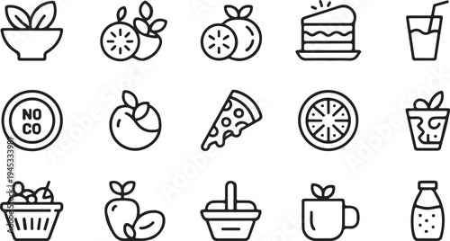 Variety of food and drink line icons including pizza slices fruit pieces cake portions and refreshing beverages for restaurant menus grocery catalogs and healthy lifestyle digital content projects