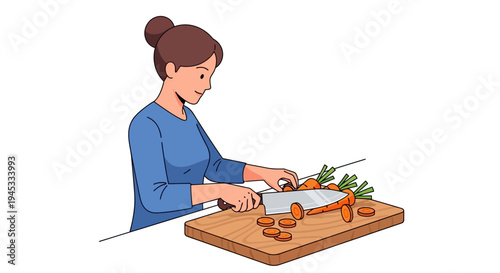 Woman cutting fresh orange carrots on wooden chopping board in modern minimalist flat design style kitchen setting for healthy eating and cooking concept
