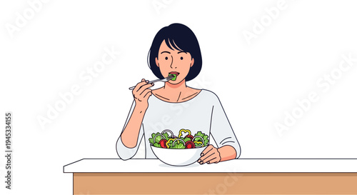 A woman eating a healthy salad with a fork while sitting at a table in a minimalist modern flat color style against a white background.