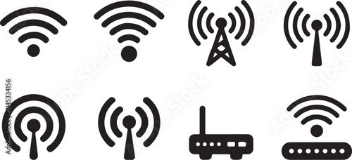 Set of eight wifi icons displaying diverse signal strengths, antenna structures, and router designs, suitable for depicting wireless communication and internet connectivity on transparent background