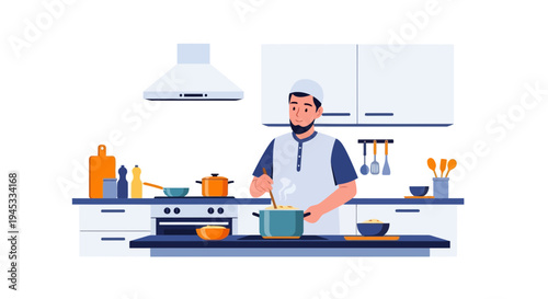 Man cooking in modern kitchen with blue and orange utensils and appliances, wearing white apron and hat, minimalistic flat design, chef preparing food